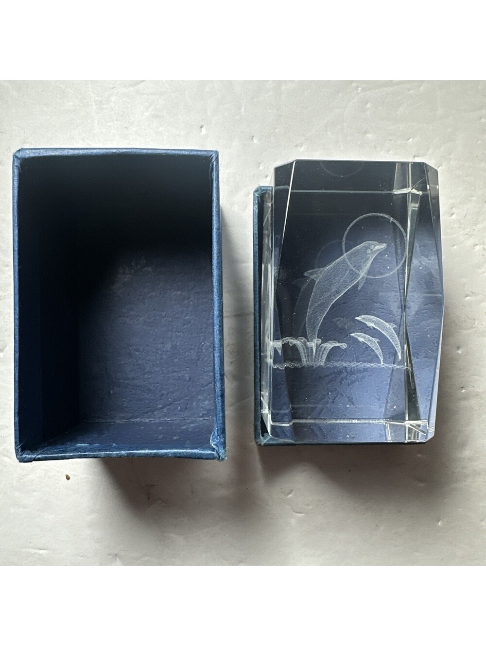 Laser Etched 3D Cube Crystal Glass Paperweight Dolphin In Box